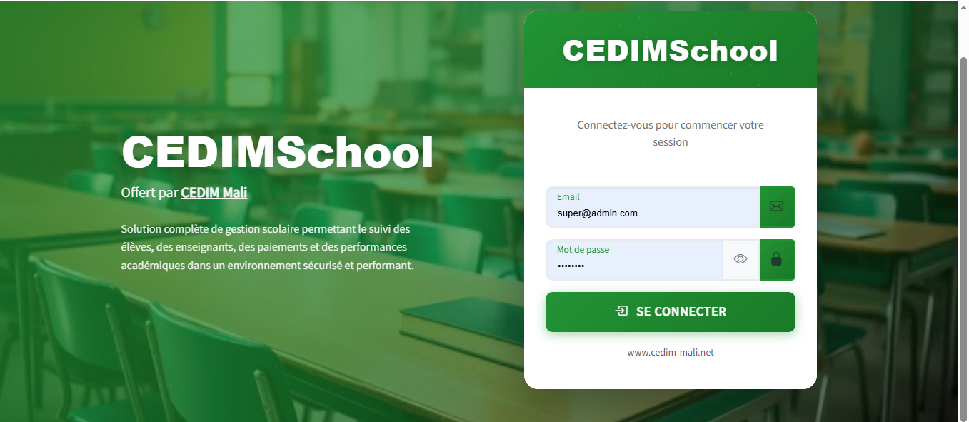 Aperçu de l'application CedimSchool — gestion scolaire