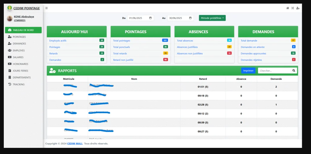 Aperçu de l'application CPointage — suivi de pointage